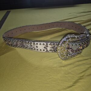 Blazin Roxx Gold Buckle Leopard-Patterned Belt with Rhinestones